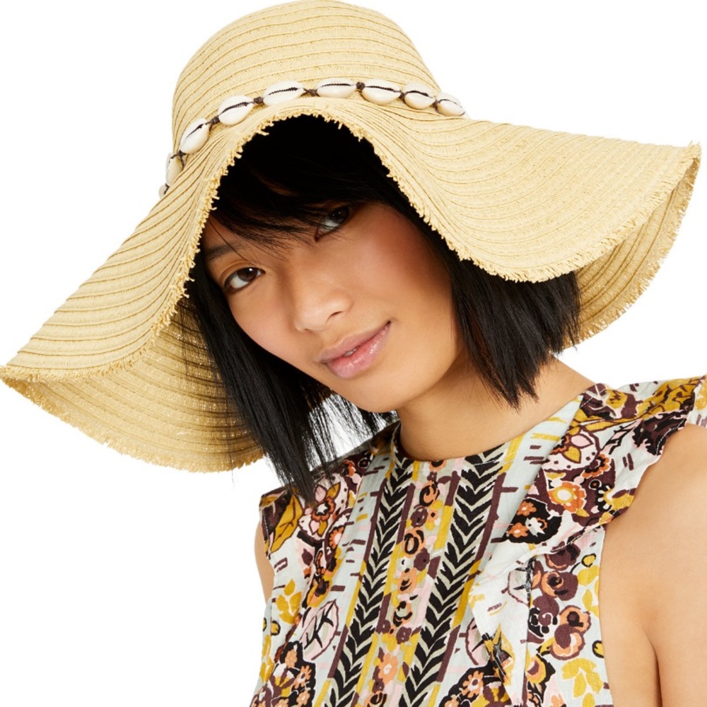 Steve Madden Wide Brim Straw Hat w/ Shell Trim NWT